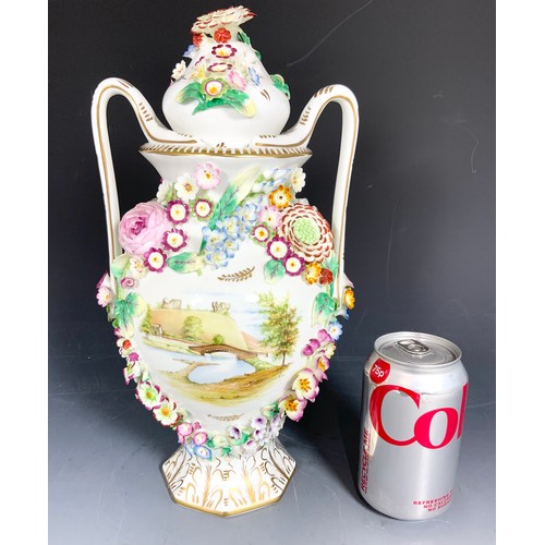 188 - IMPRESSIVE COALPORT COALBROOKDALE COVERED VASE WITH FLOWER ENCRUSTED & HAND PAINTED DECORATION  33cm... 