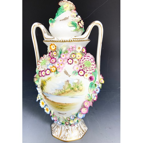 188 - IMPRESSIVE COALPORT COALBROOKDALE COVERED VASE WITH FLOWER ENCRUSTED & HAND PAINTED DECORATION  33cm... 