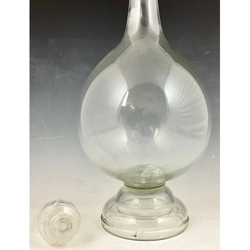 287 - LARGE BLOWN GLASS CHEMISTS WINDOW DISPLAY BOTTLE WITH TEARDROP SHAPED STOPPER. POSSIBLY MID 20TH CEN... 