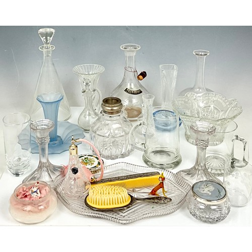 263 - MISC. GLASS WARE INC. VINTAGE DRESSING TABLE SET, DECANTERS, VASES, GLASSES ETC.