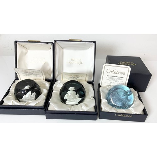 279 - 3 BOXED CAITHNESS PAPERWEIGHTS WITH COA QUEEN ELIZABETH , KING HENRY VIII & ROYAL WEDDING MOONFLOWER