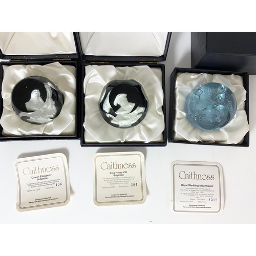 279 - 3 BOXED CAITHNESS PAPERWEIGHTS WITH COA QUEEN ELIZABETH , KING HENRY VIII & ROYAL WEDDING MOONFLOWER