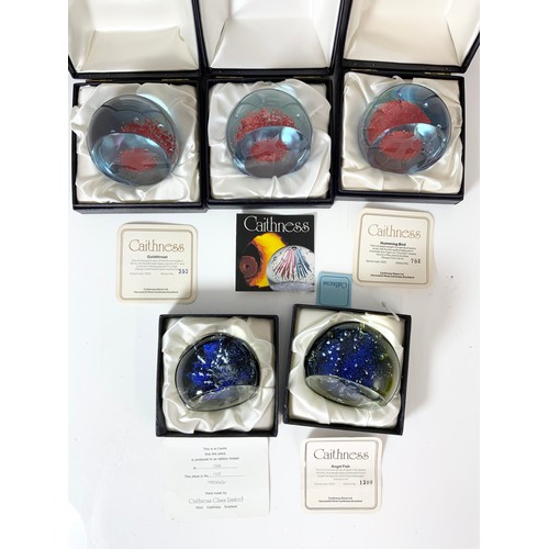 280 - 5 BOXED CAITHNESS PAPERWEIGHTS BIRD & FISH MOST WITH COA.