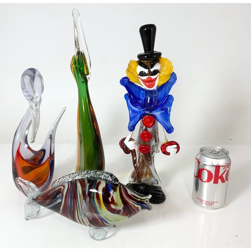 255 - COLOURED GLASS MODELS INC 2 LARGE BIRD MODELS, MURANO CLOWN & FISH