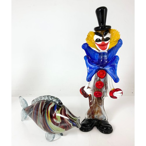 255 - COLOURED GLASS MODELS INC 2 LARGE BIRD MODELS, MURANO CLOWN & FISH