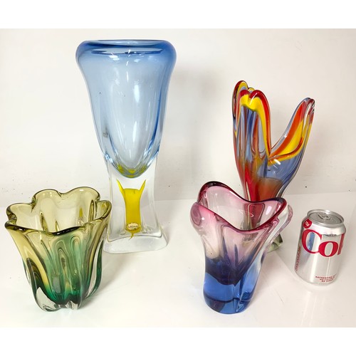 266 - 4 STYLISH HEAVY COLOURED GLASS VASES TALLEST  39cm