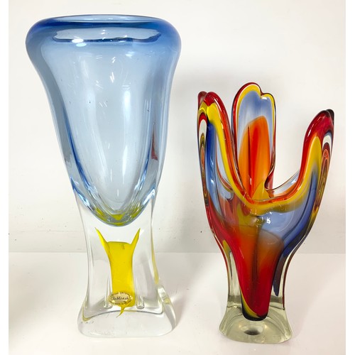 266 - 4 STYLISH HEAVY COLOURED GLASS VASES TALLEST  39cm