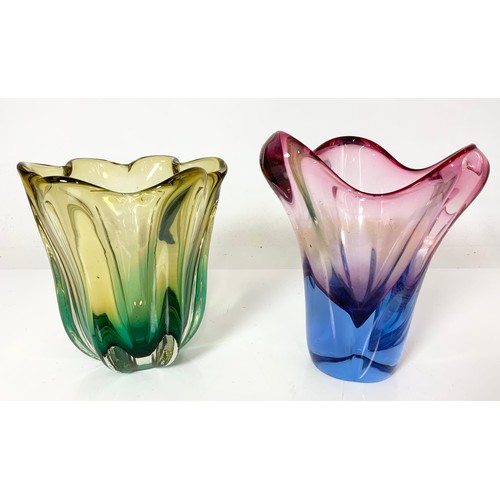 266 - 4 STYLISH HEAVY COLOURED GLASS VASES TALLEST  39cm