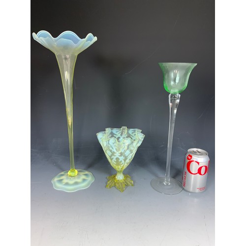 267 - LARGE VASELINE FLUTED VASE 41cm TALL WITH  A SMALLER VASELINE VASE AND A COLOURED GLASS  VASE