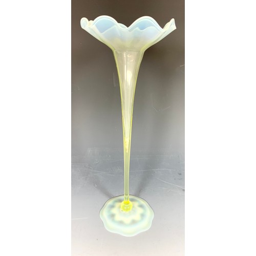 267 - LARGE VASELINE FLUTED VASE 41cm TALL WITH  A SMALLER VASELINE VASE AND A COLOURED GLASS  VASE