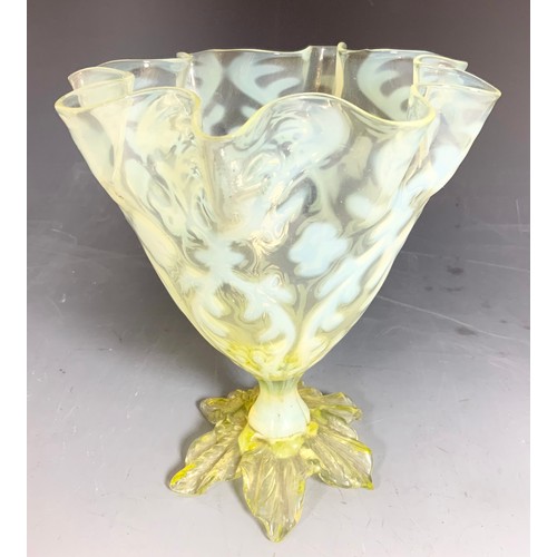 267 - LARGE VASELINE FLUTED VASE 41cm TALL WITH  A SMALLER VASELINE VASE AND A COLOURED GLASS  VASE