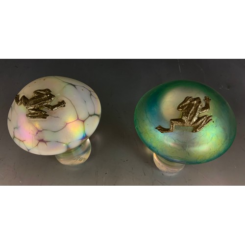 274 - 2 HERON GLASS TOADSTOOLS WITH APPLIED WHITE METAL FROGS  10cm TALL