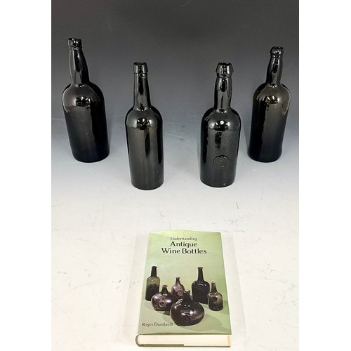 292 - 4 ANTIQUE WINE BOTTLES T/W UNDERSTANDING ANTIQUE WINE BOTTLES BOOK BY ROGER DUMBRELL