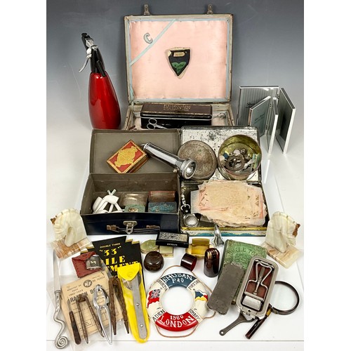 436 - MISC. MIXED LOT INC. ROLLS RAZOR, SODA SYPHON, TIN OF GOLD LEAF, NUT CRACKERS, VARIOUS BOXES ETC.