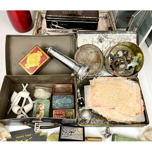 436 - MISC. MIXED LOT INC. ROLLS RAZOR, SODA SYPHON, TIN OF GOLD LEAF, NUT CRACKERS, VARIOUS BOXES ETC.