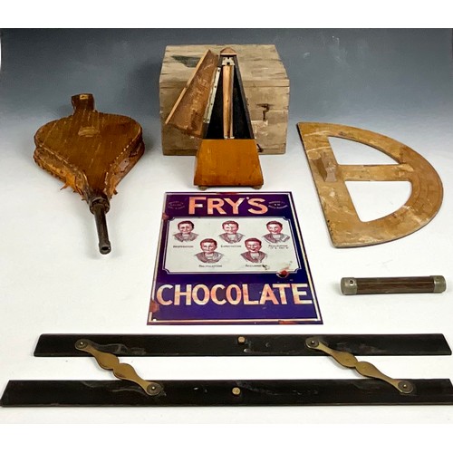 431 - MISC. ITEMS INC. METRONOME, PARALLEL RULE, CHALKBOARD PROTRACTOR, ENAMEL SIGN, OLD INSTRUMENT BOX AN... 