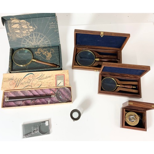 446 - BOXED MAGNIFYING GLASESS, COMPASS ETC