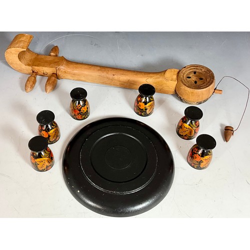 439 - RUSSIAN LACQUERED EGG CUP SET (AND INSTRUMENT)