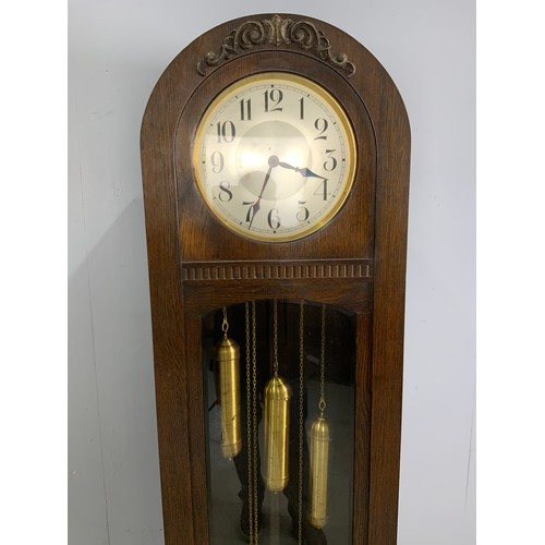 308 - DECO STYLE OAK CASED DOME TOP LONG CASE CLOCK