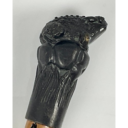 442 - STICKS INC. ONE WITH SILVER KNOP, ONE WITH CARVED FROG TERMINAL AND A HORN HANDLED DITTO