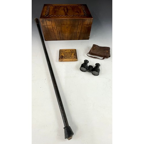 433 - WALKING CANE WITH HORN HANDLE AND SILVER COLLAR, , INLAID MAHOGANY SEWING BOX, PAIR OF OPERA GLASSES... 