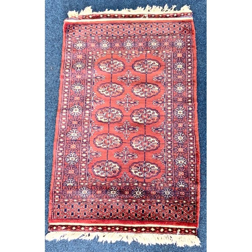 1060 - 3 SMALL RED GROUND RUGS / PRAYER MAT WITH GEOMETRIC PATTERN LARGEST  98cm x 62cm