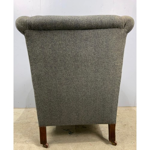 733 - ANTIQUE ARMCHAIR REUPHOLSTERED HERRINGBONE TWEED FABRIC