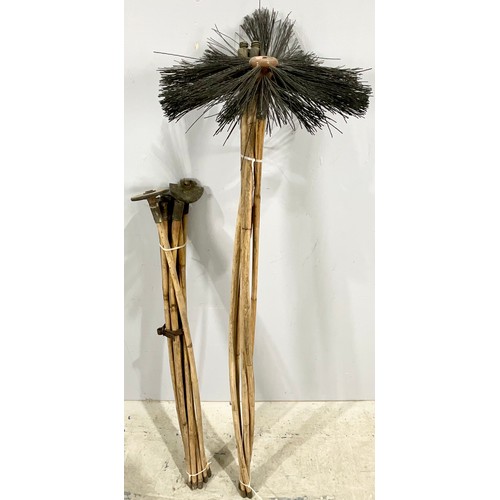 583 - VINTAGE BAMBOO CHIMNEY SWEEP BRUSH AND RODS TOGETHER WITH BAMBOO DRAIN CLEANING RODS