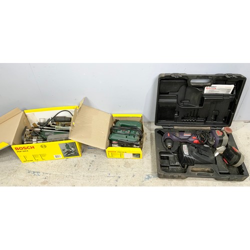 564 - BOXED BOSCH ROUTER, JIGSAW &  CASED SPARKY CORDLESS ANGLE DRILL