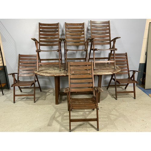 595 - WOODEN GARDEN TABLE AND  6 FOLDING CHAIRS BY SMARTWOOD