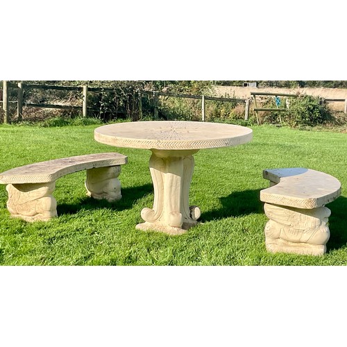 604 - PAINTED SANDSTONE PEDESTAL ROUND TOP GARDEN TABLE WITH 2 PAINTED CURVED STONE BENCHES ON LION SUPPOR... 