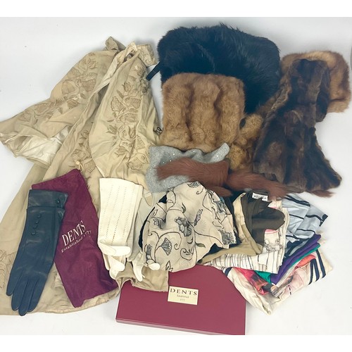 755 - TWO MUFFS, TWO STOLES, SEVERAL PAIRS OF ANTIQUE AND VINTAGE LEATHER GLOVES, 8 SILK VINTAGE SCARVES M... 