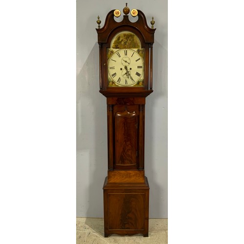 305 - BOW FRONT MAHOGANY LONG CASE CLOCK HAVING PAINTED DIAL WITH SCENES TO THE ARCH AND SPANDRILS 8 DAY M... 