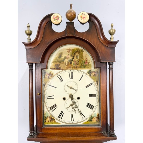 305 - BOW FRONT MAHOGANY LONG CASE CLOCK HAVING PAINTED DIAL WITH SCENES TO THE ARCH AND SPANDRILS 8 DAY M... 