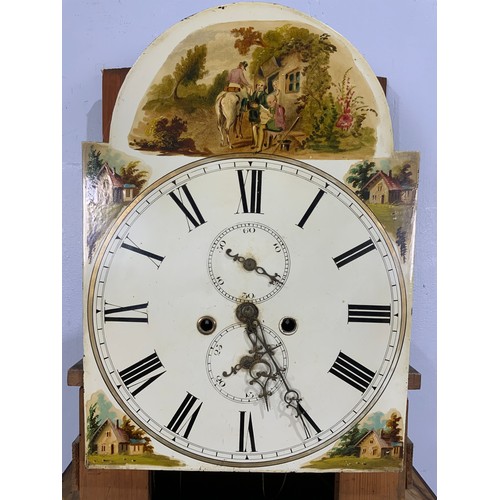 305 - BOW FRONT MAHOGANY LONG CASE CLOCK HAVING PAINTED DIAL WITH SCENES TO THE ARCH AND SPANDRILS 8 DAY M... 