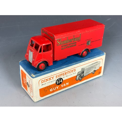 226 - DINKY SUPERTOYS BOXED 514 GUY LORRY SLUMBERLAND, 1ST TYPE CAB, RED.