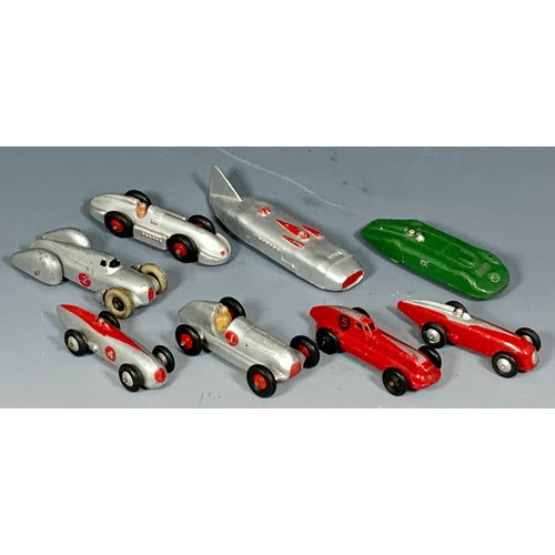 198 - DINKY EARLY RACING CARS, 8 U/B MODELS, INC MG RECORD CAR, AUTO-UNION, MERCEDES BENZ, SPEED OF THE WI... 