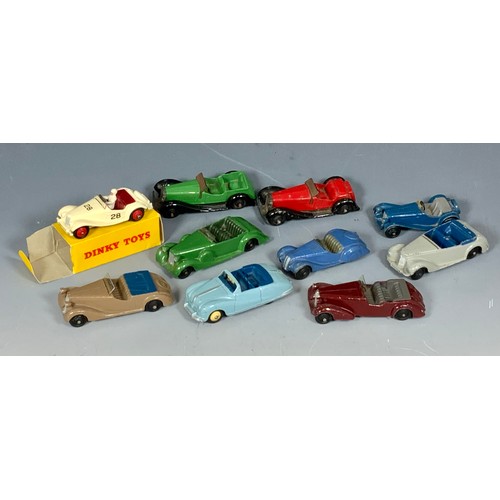 197 - DINKY TOYS, BOXED 108 MG MIGET SPORTS CAR WHITE MAROON INTERIOR WITH DRIVER (ONE INNER FLAP MISSING)... 