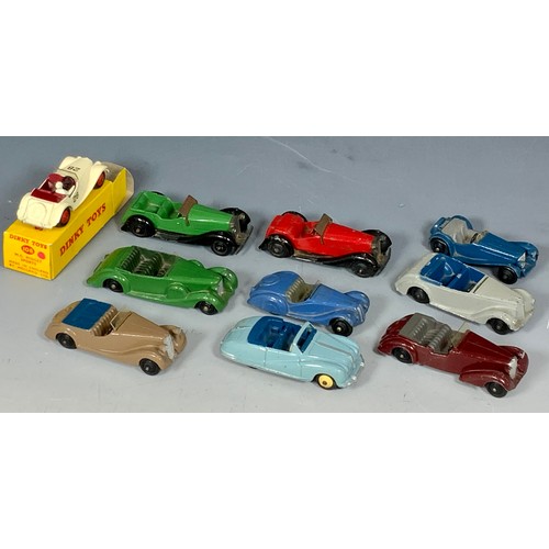 197 - DINKY TOYS, BOXED 108 MG MIGET SPORTS CAR WHITE MAROON INTERIOR WITH DRIVER (ONE INNER FLAP MISSING)... 