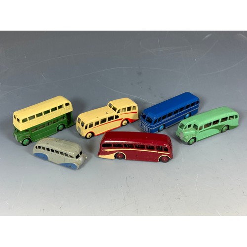 195 - DINKY MODEL BUSES, GREEN & CREAM DOUBLE DECK BUS, OBSERVATION COACH RED & CREAM, LEYLAND ROYAL TIGER... 