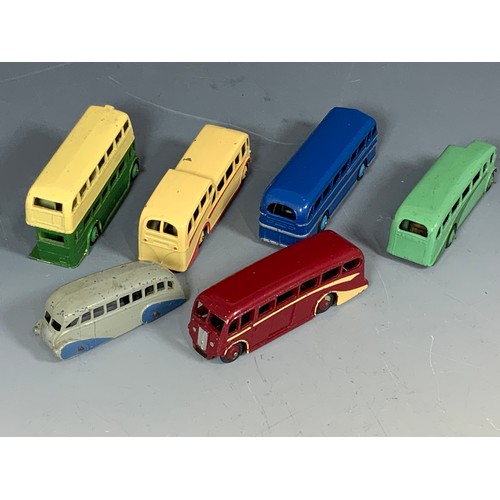 195 - DINKY MODEL BUSES, GREEN & CREAM DOUBLE DECK BUS, OBSERVATION COACH RED & CREAM, LEYLAND ROYAL TIGER... 