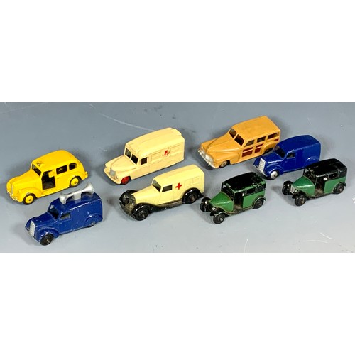 194 - 8 U/B DINKY VEHICLES, BLUE LOUD SPEAKER VAN, YELLOW TAXI. STATION WAGON, 2 EARLY PRE POST WAR GREEN ... 