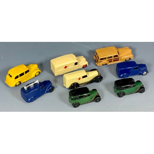 194 - 8 U/B DINKY VEHICLES, BLUE LOUD SPEAKER VAN, YELLOW TAXI. STATION WAGON, 2 EARLY PRE POST WAR GREEN ... 