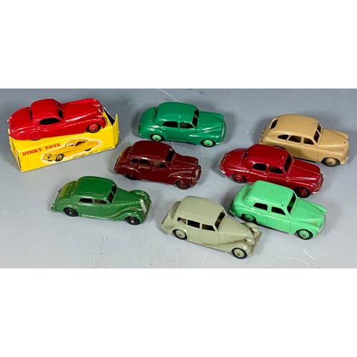 192 - DINKY TOYS, A P/T BOXED 157 JAGUAR XK120 COUPE IN RED, ONE END FLAP ON BOX MISSING, PLUS 7 U/B, MORR... 