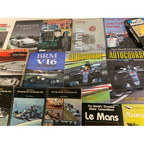 255 - BOX OF MOTORING BOOKS, A GOOD ASSORTMENT INCLUDING AUTOCOURSE 2017-18, 2016-17, JOHN PLAYER MOTOR SP... 