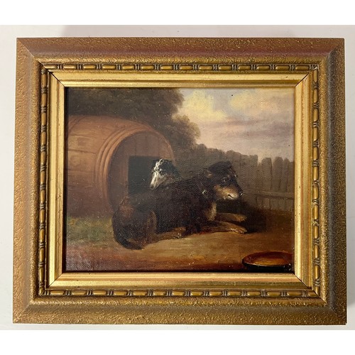 3 - SMALL OIL DEPICTING 2 DOGS ACCOMPANIED BY RESTORATION RECEIPT FROM GEORGE JACK