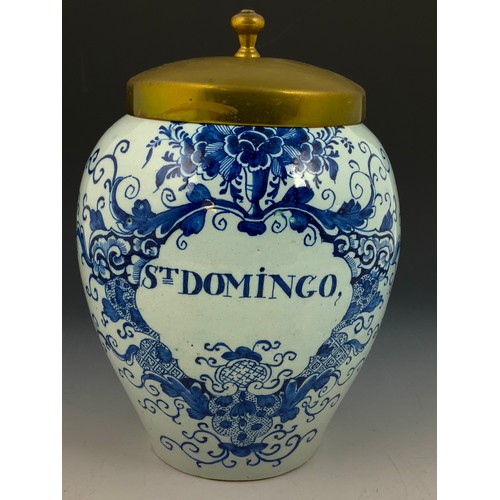 59 - ANTIQUE DELFT ST DOMINGO DRUG  / TABACCO JAR  23cm TALL WITH  BRASS LID