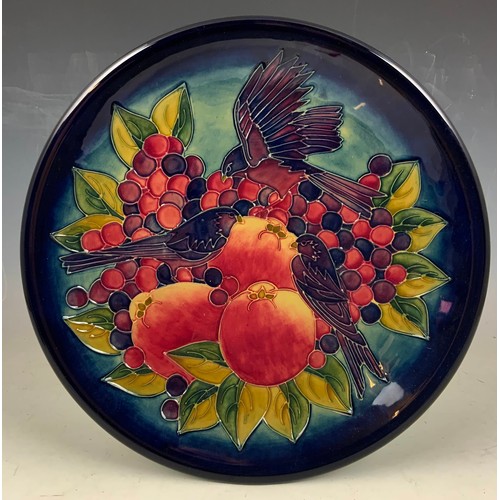 58 - MOORCROFT BLUE GROUND CHARGER – FINCHES PATTERN, APPROXIMATELY 35 CM DIAMETER WITH IMPRESSED MARK TO... 