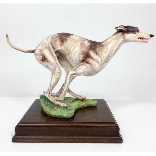 31 - HEREFORD FINE CHINA LARGE LTD ED MODEL OF A  GREYHOUND ON WOODEN PLINTH WITH COA