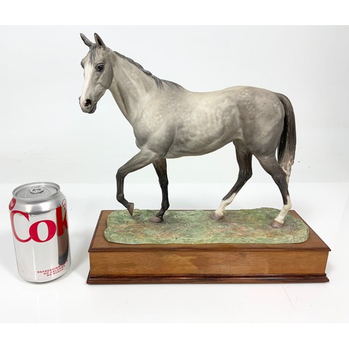 26 - ALBANY FINE CHINA MODEL OF A GREY THOROUGHBRED HORSE ON WOODEN PLINTH TALL